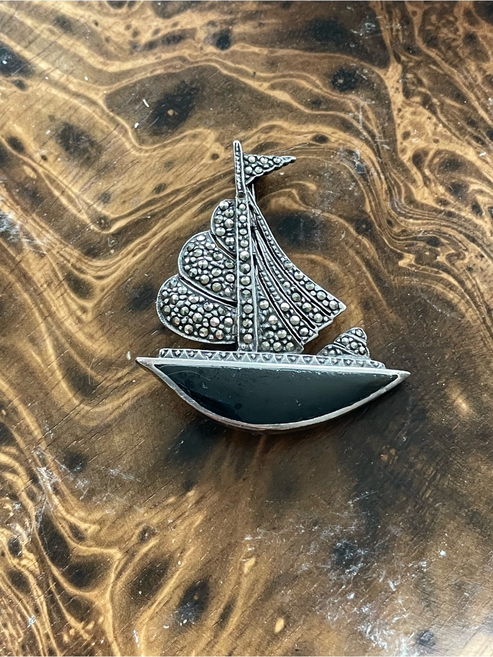 Vintage 925 Sterling Silver Sailboat Brooch with Marcasite and Black Onyx